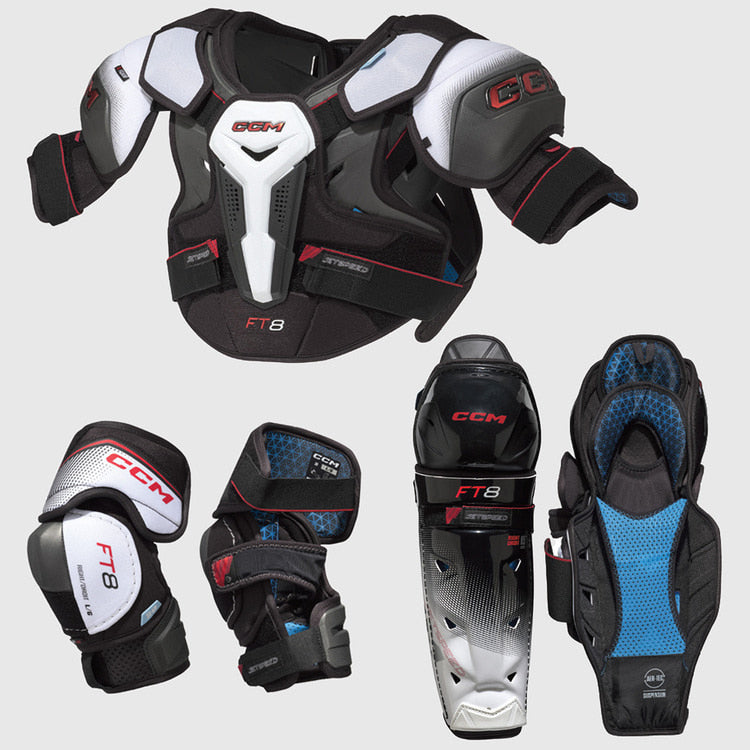 CCM Jet Speed FT8 Junior Ice Hockey Protection Set Shoulder Pads + Elbow Pads + Shin Guards